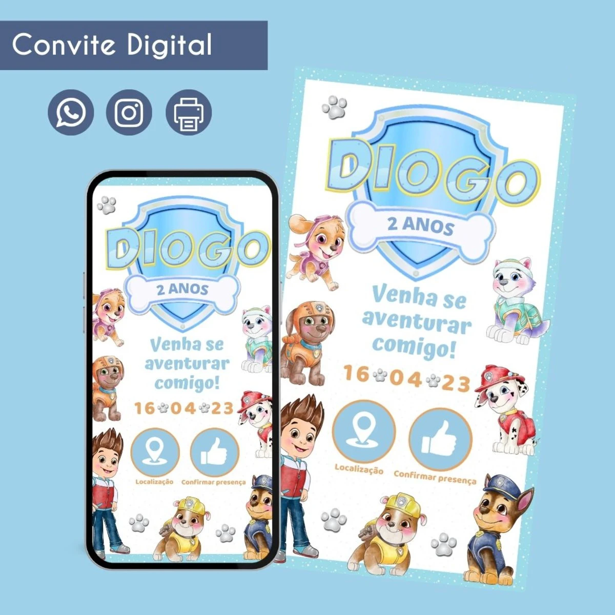Convite Digital Patrulha Canina para Aniversário de Menino 1 Convite digital com personagens de desenho animado, escudos, texto festivo e ícones de localização.