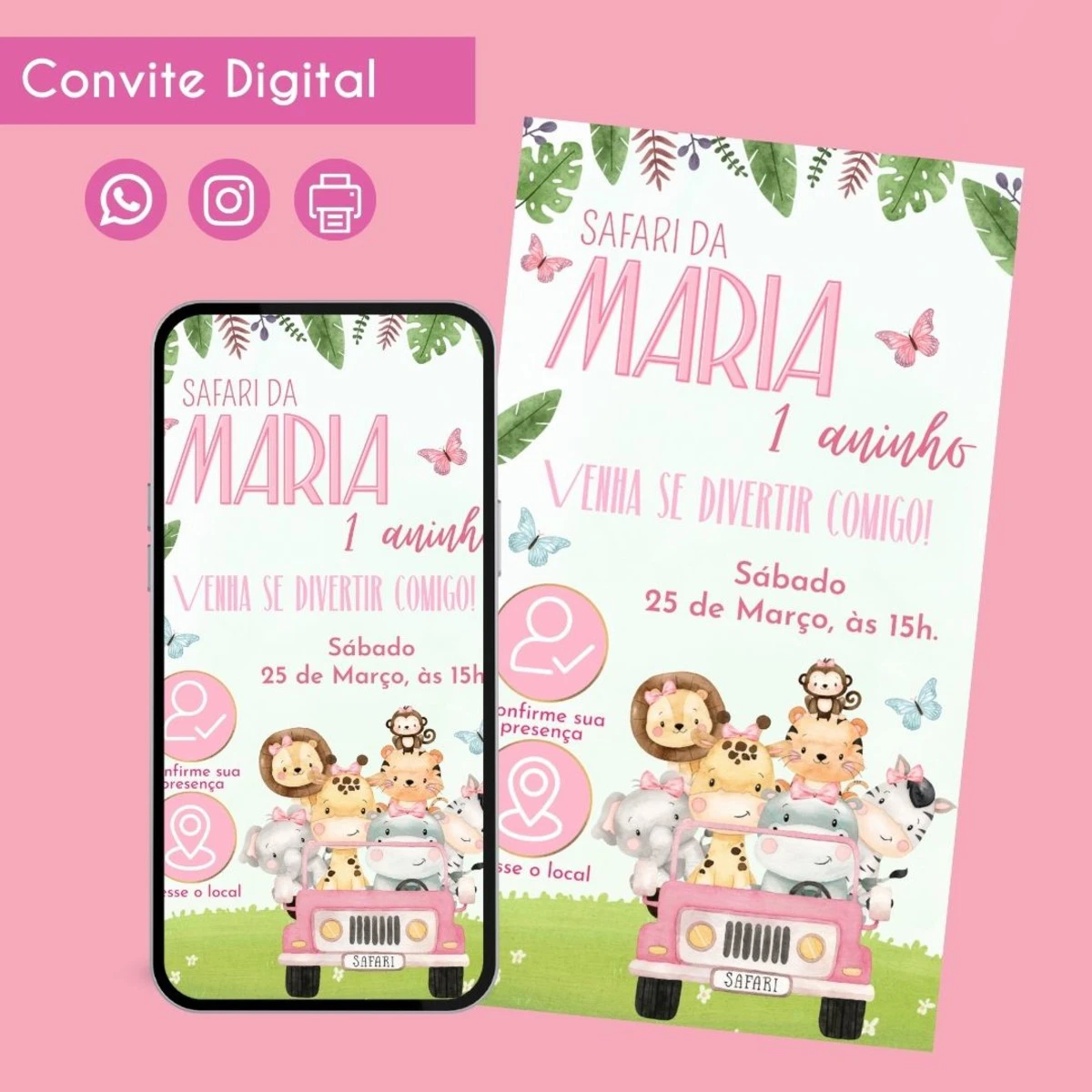 Convite Digital Safari Menina Personalizado Aniversário 1 Convite digital com tema de safari infantil ilustrado com animais em um jipe rosa.