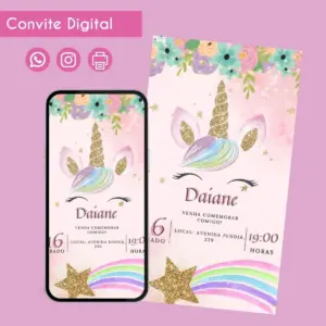 Convite digital com tema de unicórnio, flores e detalhes dourados em fundo rosa.