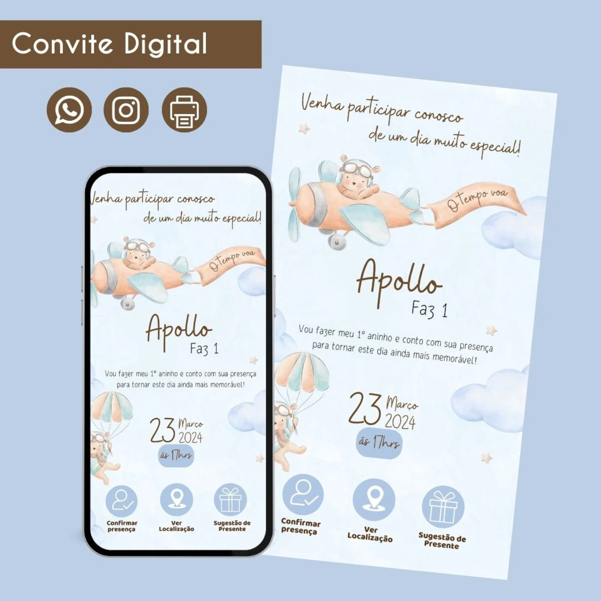 Convite Digital Urso Aquarela Personalizado para Festa 1 Convite digital com ilustração de urso aviador em tons pastéis e ícones interativos.