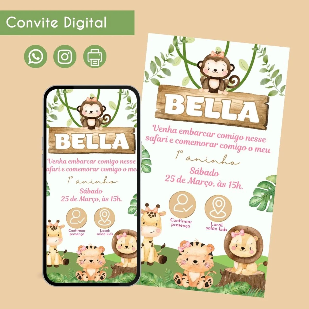 Convite Safari Menina Verde Aquarela Personalizado 1 Convite digital para festa infantil com tema safári e desenhos de animais fofos.