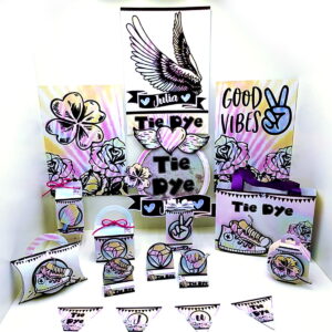 Coleção de arte digital com tema tie-dye, apresentando asas, trevo e mensagens.