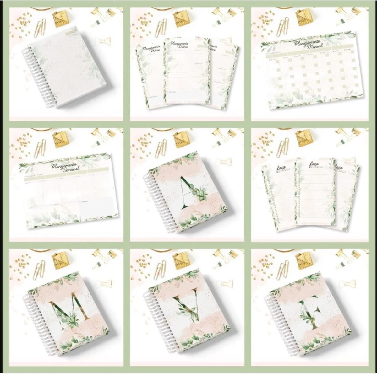 Desk Planner Floral Digital com Alfabeto e Stickers 1 Coleção de itens de papelaria e cadernos personalizados com estampas florais