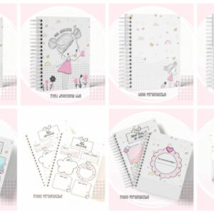 Devocional Infantil Menina Kit Digital Personalizável 10 Apresentação visual com oito imagens mostrando capas e páginas internas de cadernos personalizados com ilustrações.
