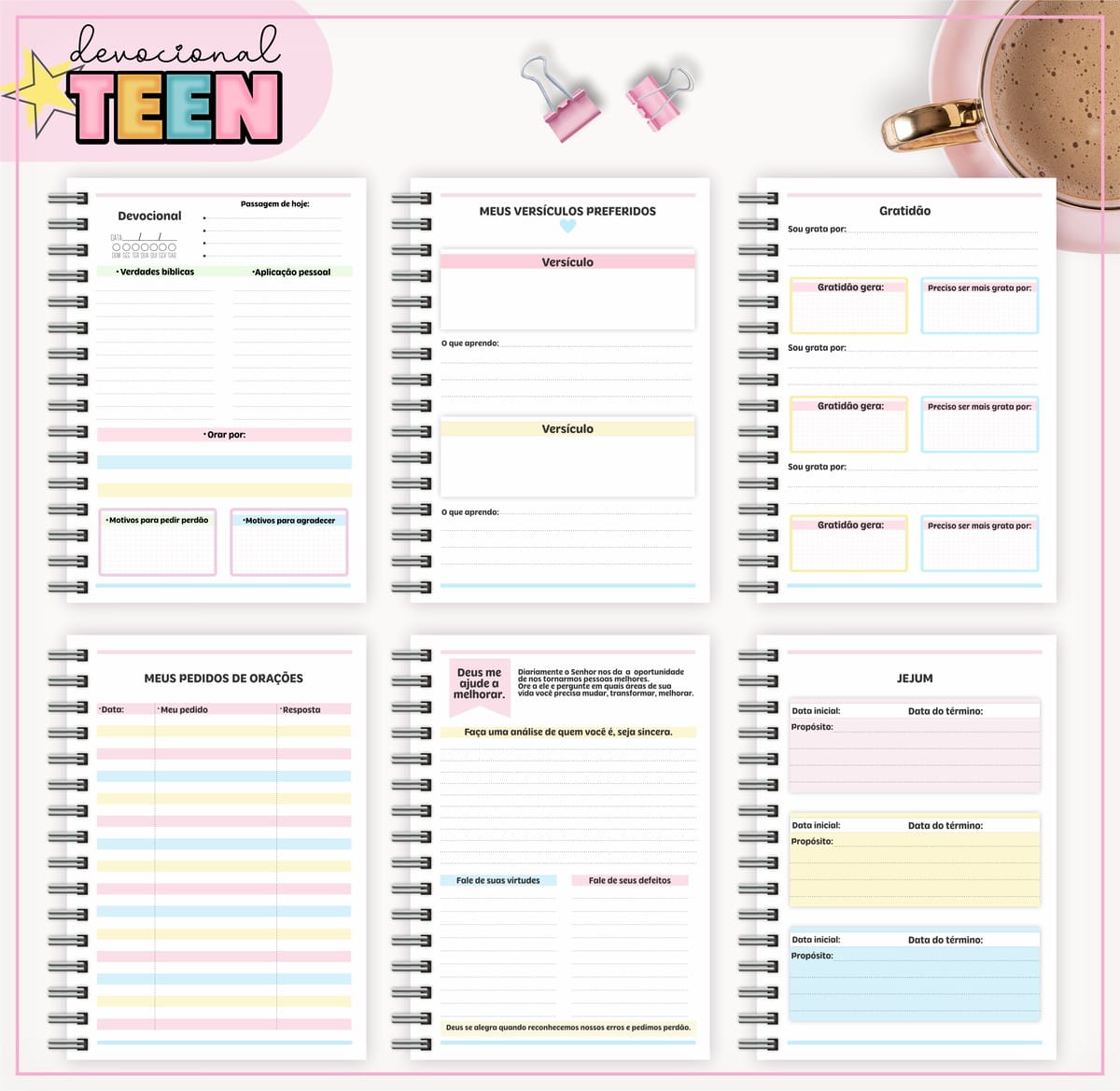 Devocional Teen Menina Digital para Diário Espiritual 2 Seis páginas de um caderno digital com pautas e campos para anotações devocionais.