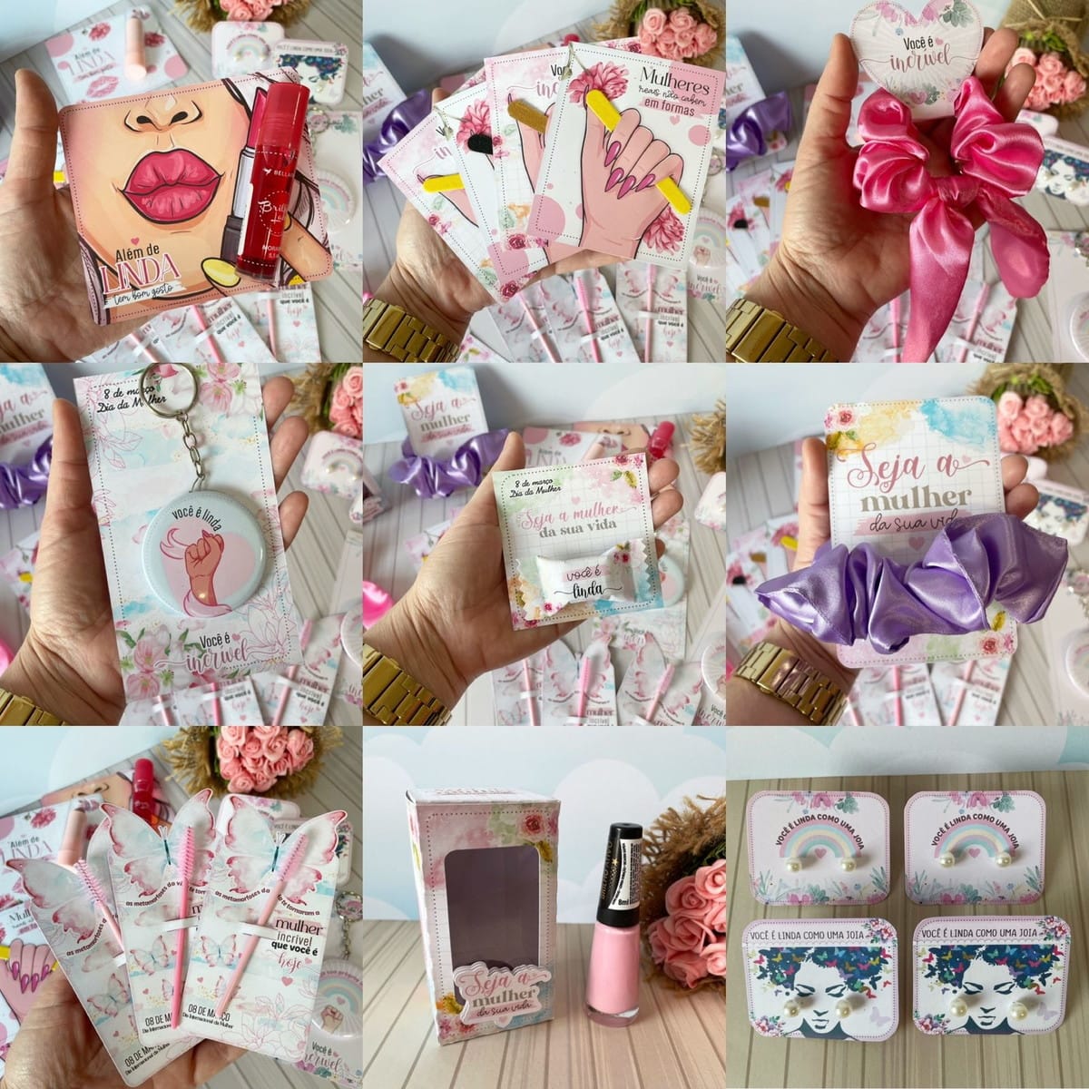 Kit Dia das Mulheres Digital para Sublimação e Papelaria 2 Colagem de presentes femininos com batom, scrunchies, chaveiro e brincos em cartões.