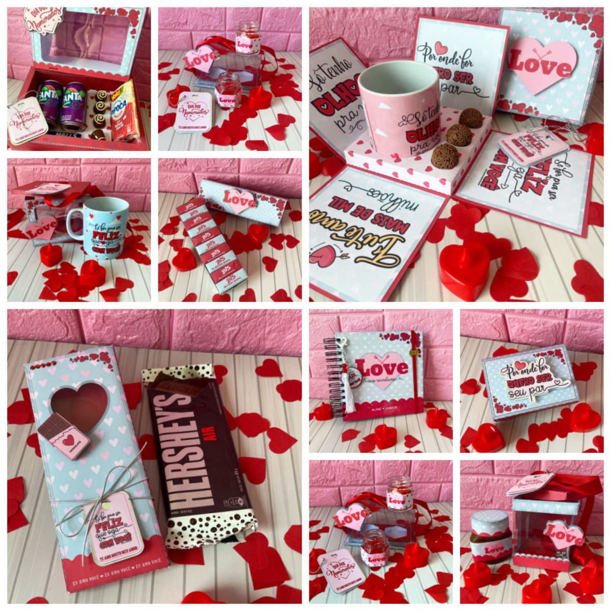 Kit Dia dos Namorados para Imprimir com Artes em Scrapbook 2 Colagem de itens de presente com tema de amor, incluindo caixas e canecas decoradas.