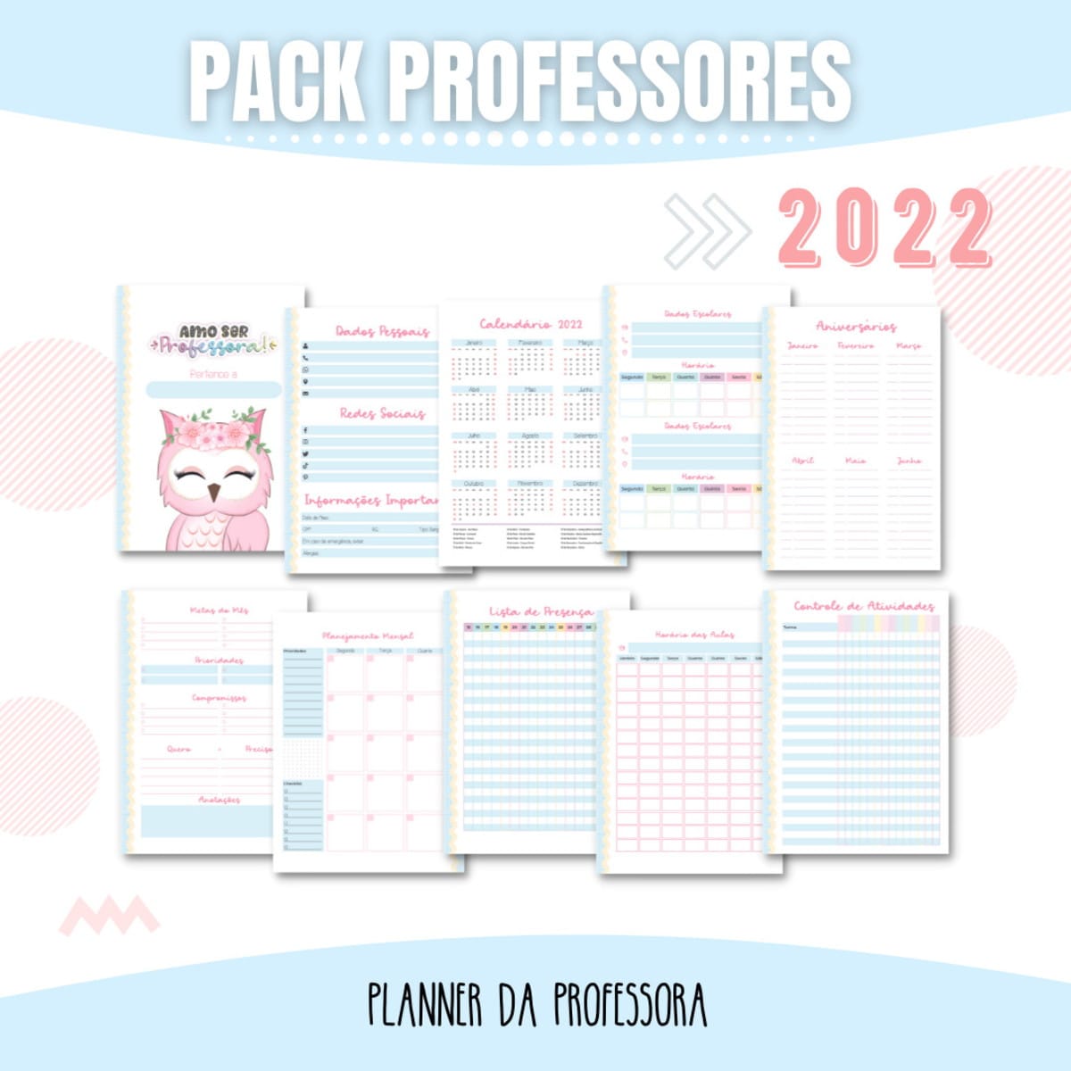 Lembrancinha Dia dos Professores Corujinha Rosa Digital 4 Arte digital de um planner para professores de 2022 com várias páginas abertas.