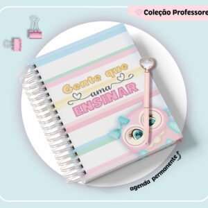 Arte digital de agenda com estampa de coruja, frase e caneta.