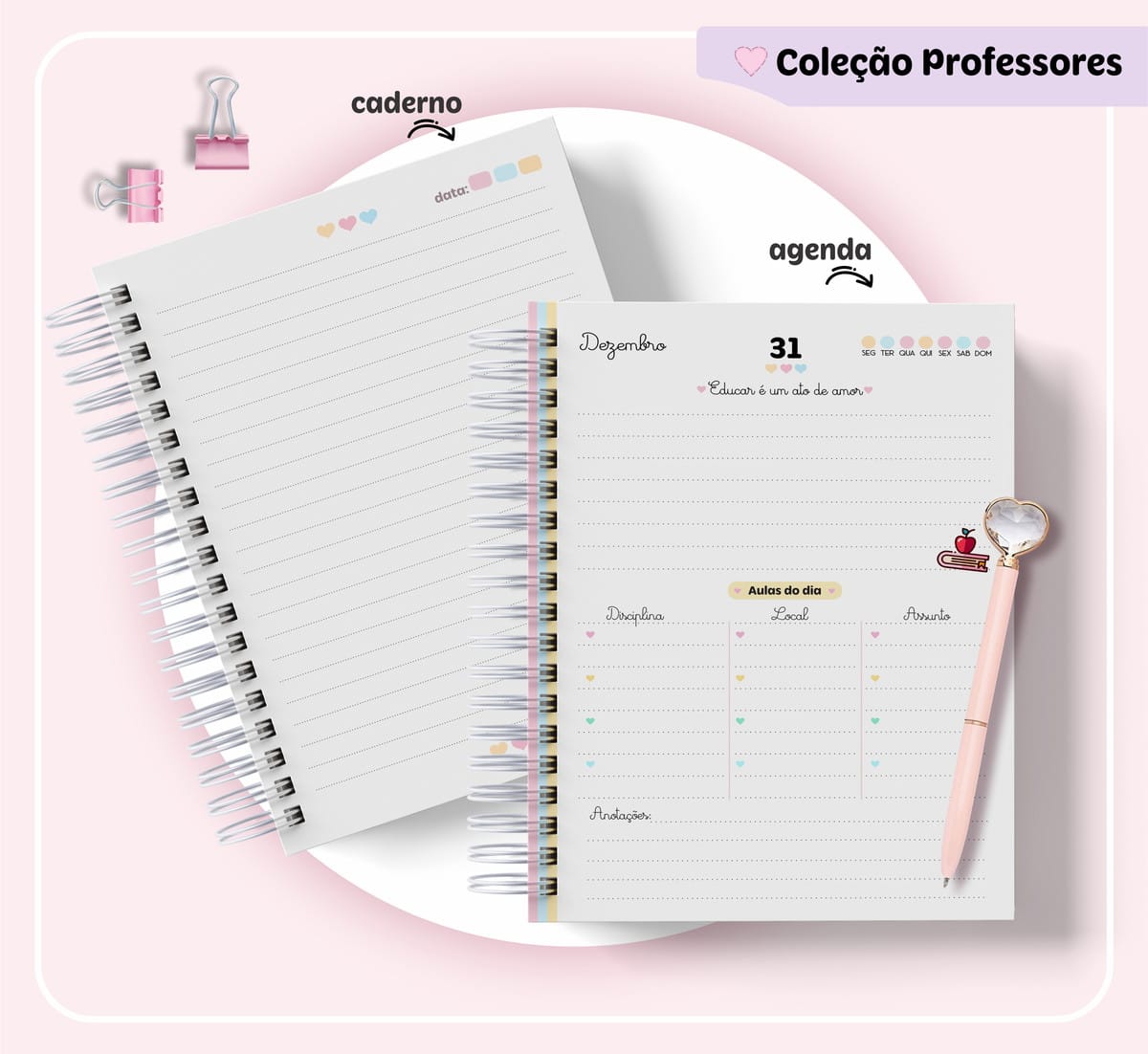 Kit Encadernação Dia dos Professores Arquivo Digital 4 Arte digital de caderno e agenda abertos, com caneta e clipes de papel.