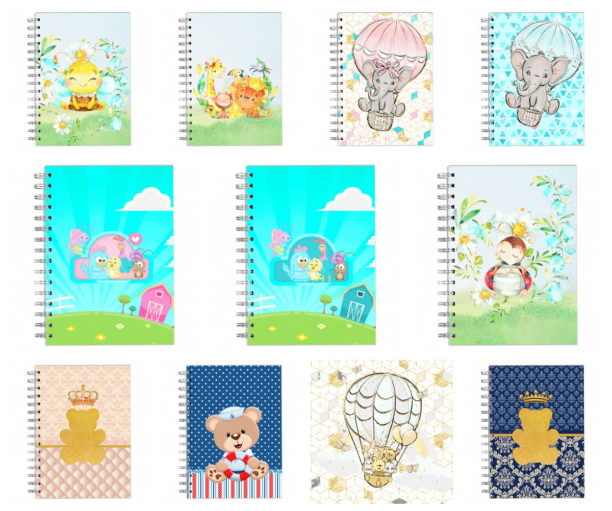 Diário de Creche para Imprimir com Tema Aquarela 1 Dez capas de cadernos espiralados com ilustrações infantis variadas de animais.