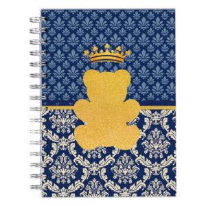 Caderno espiral com estampa azul e dourada de urso e coroa