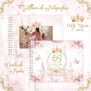 Design de álbum fotográfico com tema rosa, castelo, borboletas, flores e coroa dourada.