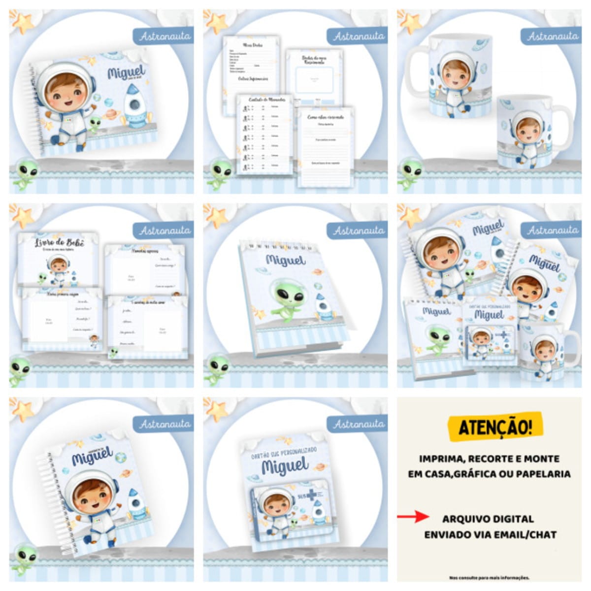 Encadernação Bebê Astronauta Aquarela Kit Digital 2 Conjunto de artes digitais com tema de astronauta e espaço em várias imagens.