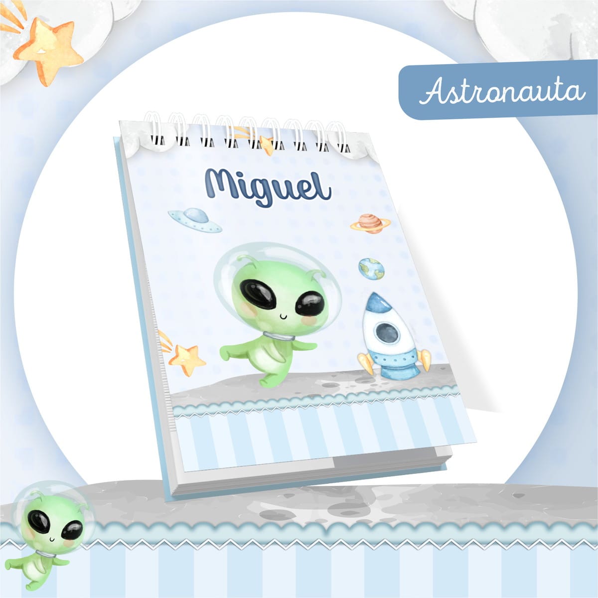 Encadernação Bebê Astronauta Aquarela Kit Digital 4 Caderno espiral com capa personalizada com tema de espaço e alienígena.