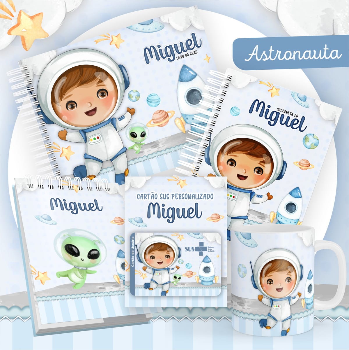 Encadernação Bebê Astronauta Aquarela Kit Digital 1 Conjunto de itens personalizados com tema espacial, incluindo caderno, caneca e cartões.