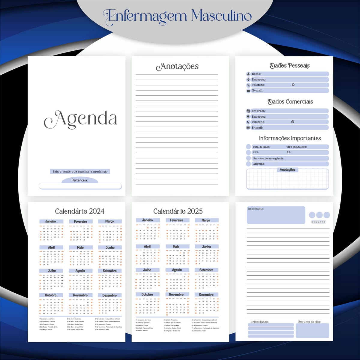 Arquivo Enfermagem Masculina para Encadernação e Sublimação 4 Arte digital de agenda para enfermagem masculina com anotações e calendários.