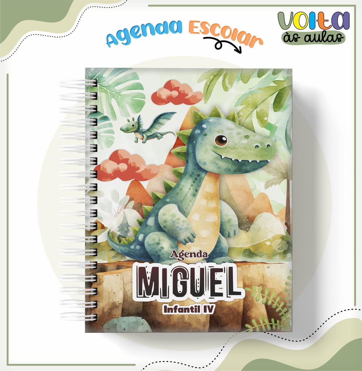 Kit Encadernação Escolar Dinossauro Arquivo Digital 2 Capa de agenda escolar digital com dinossauros, ideal para volta às aulas.