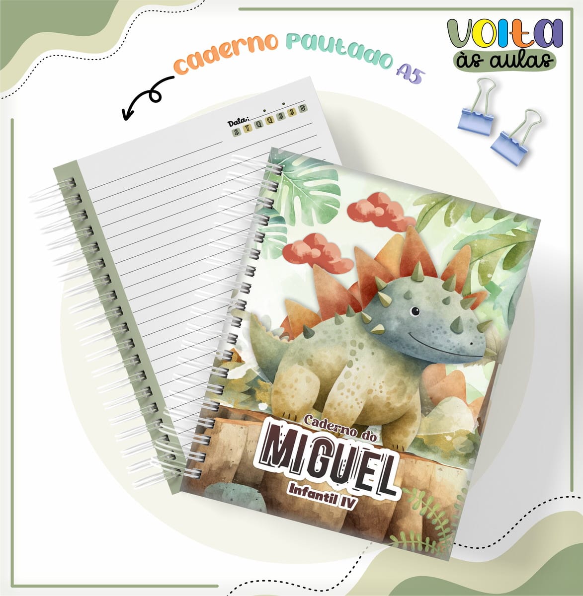 Kit Encadernação Escolar Dinossauro Arquivo Digital 1 Arte digital de dois cadernos espiralados. Um aberto com páginas pautadas, outro com capa de dinossauro.