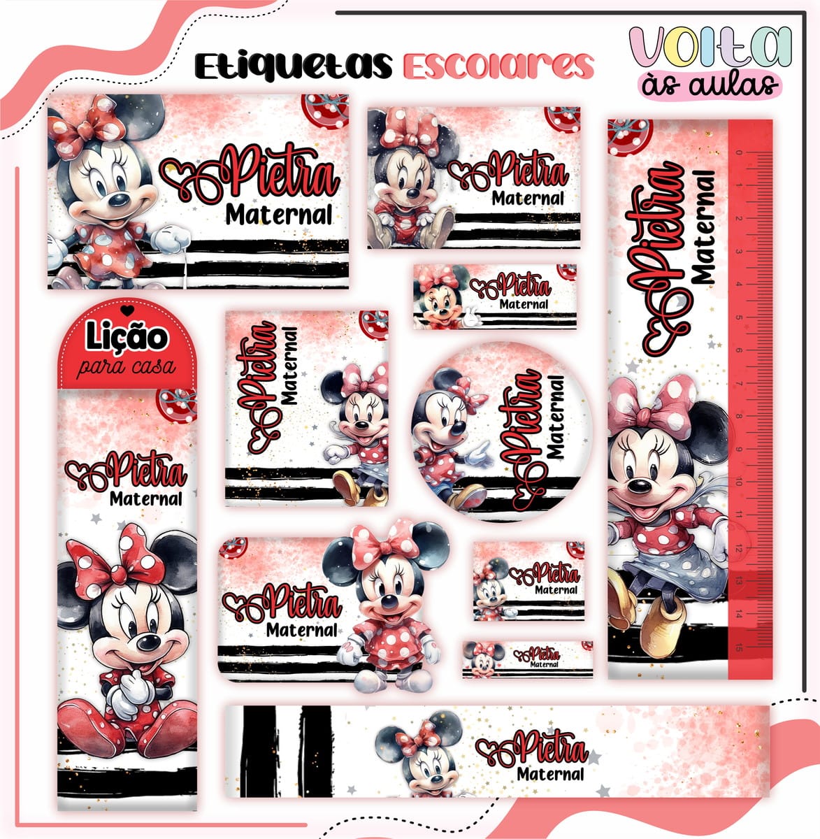Encadernação Escolar Minnie Vermelha Kit Digital Completo 2 Etiquetas escolares digitais com personagem feminina de laço vermelho e tema volta às aulas.