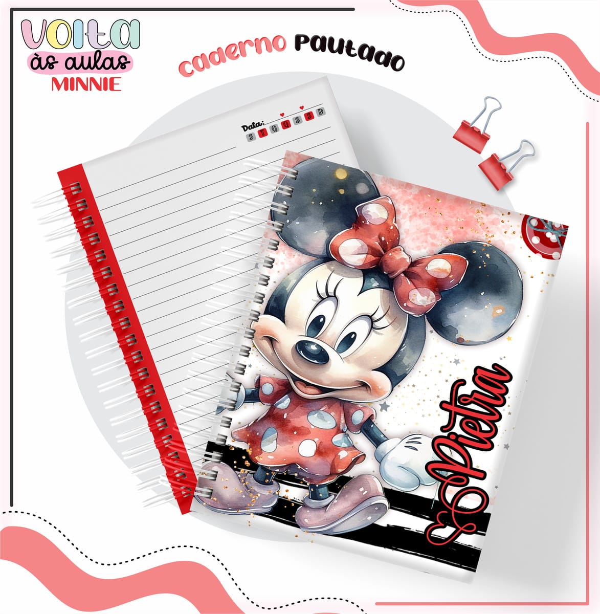 Encadernação Escolar Minnie Vermelha Kit Digital Completo 3 Design digital de caderno pautado com personagem feminina de laço e páginas internas.