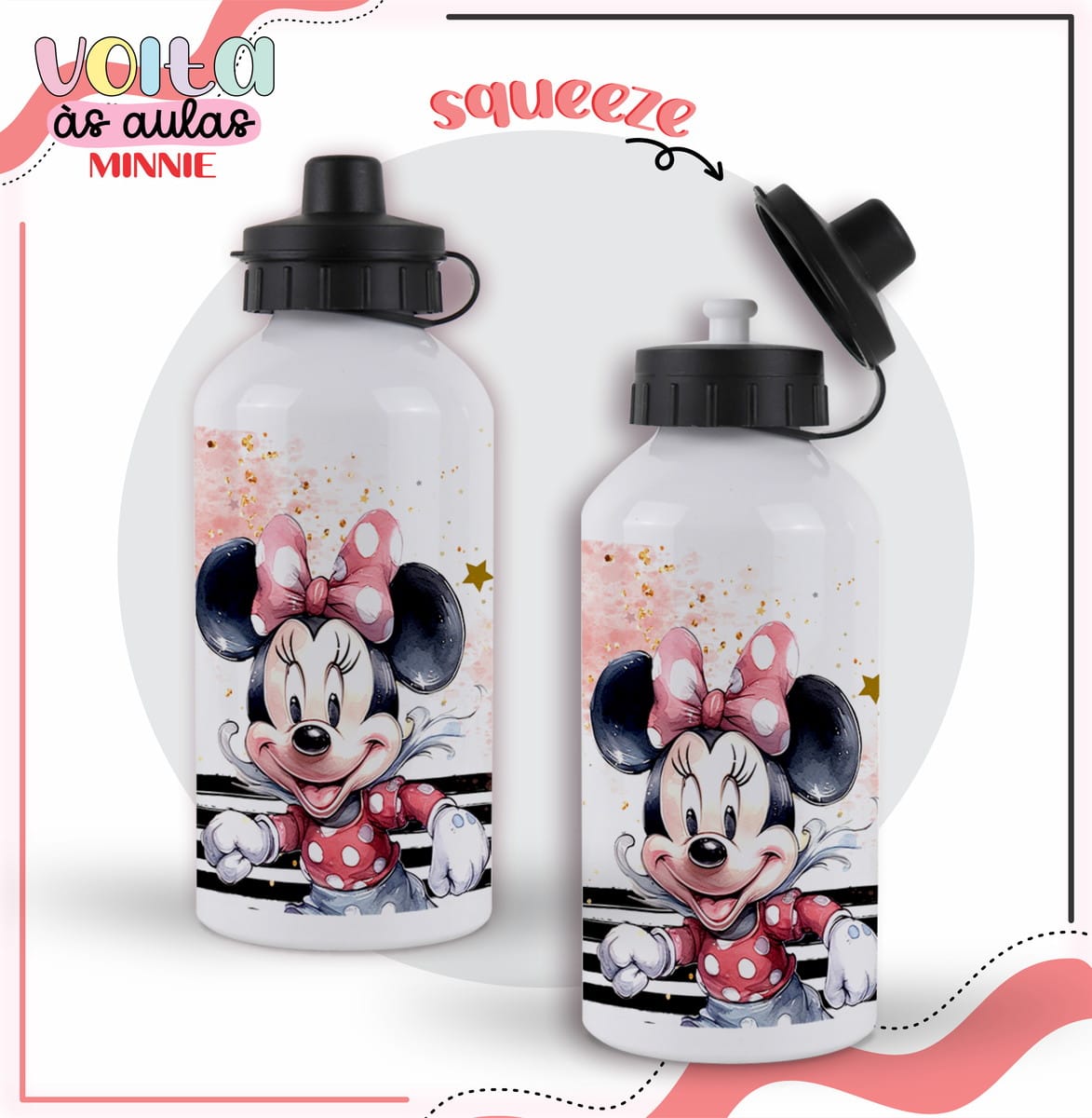 Encadernação Escolar Minnie Vermelha Kit Digital Completo 4 Duas garrafas brancas com arte digital de personagem feminina sorrindo e laço rosa.