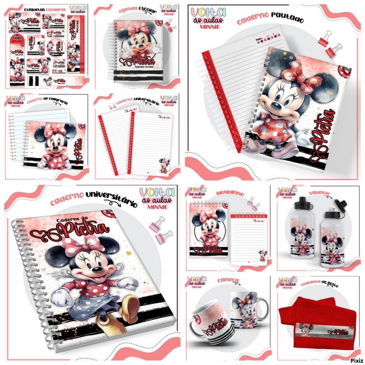 Encadernação Escolar Minnie Vermelha Kit Digital Completo 1 Arte digital de materiais escolares e acessórios com personagem de desenho animado.