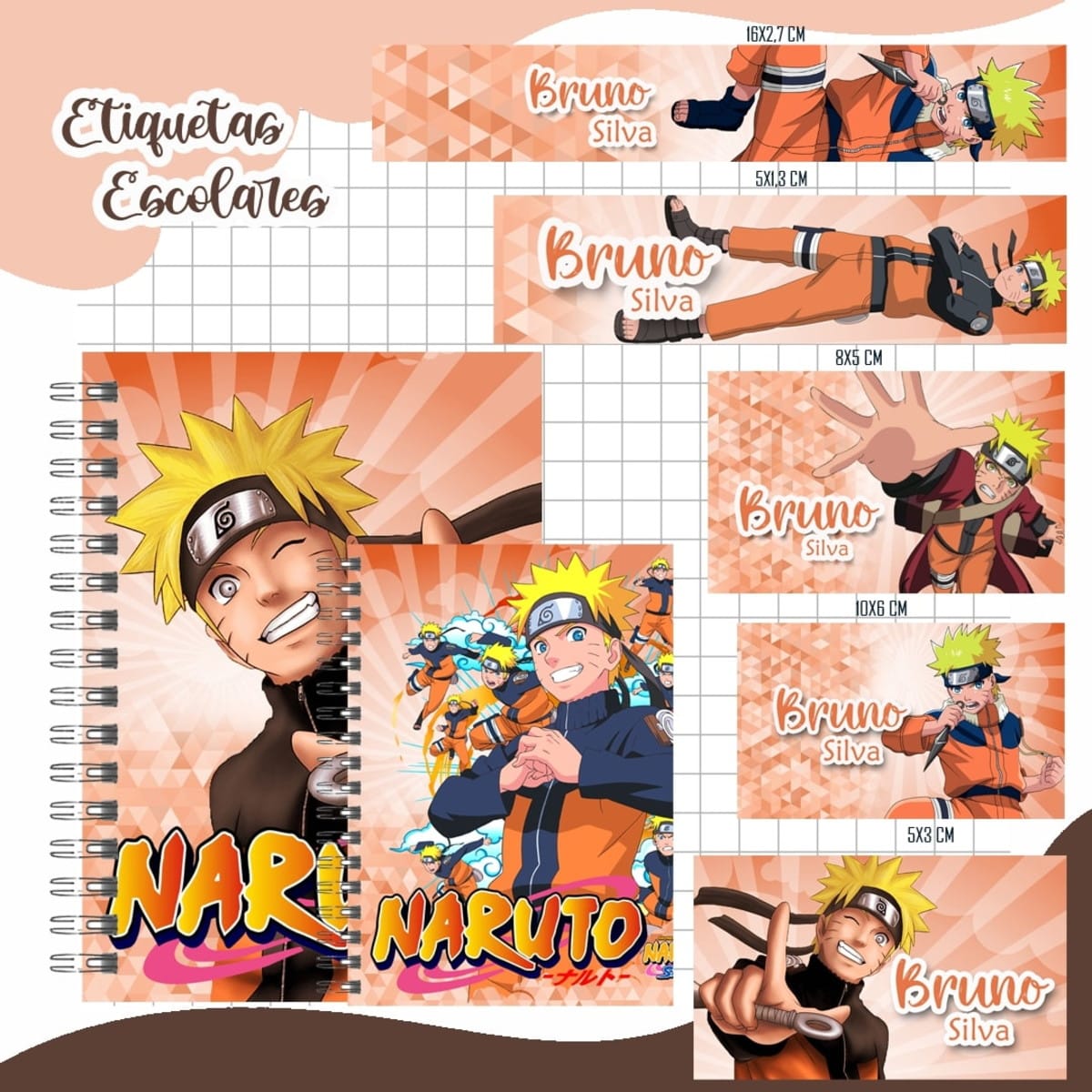 Arquivo Digital de Encadernação Escolar Naruto para Imprimir 2 Arte digital de etiquetas escolares e capas com personagem de anime e texto.