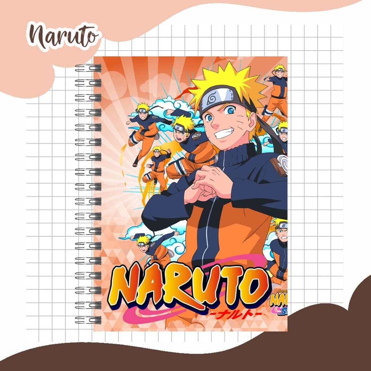 Arquivo Digital de Encadernação Escolar Naruto para Imprimir 3 Capa de caderno com personagem de anime, clones e o título do anime estampado.