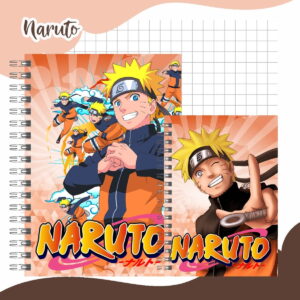 Arquivo Digital de Encadernação Escolar Naruto para Imprimir 9 Arte digital de personagem anime com cabelo loiro e bandana, em capas de caderno laranja.