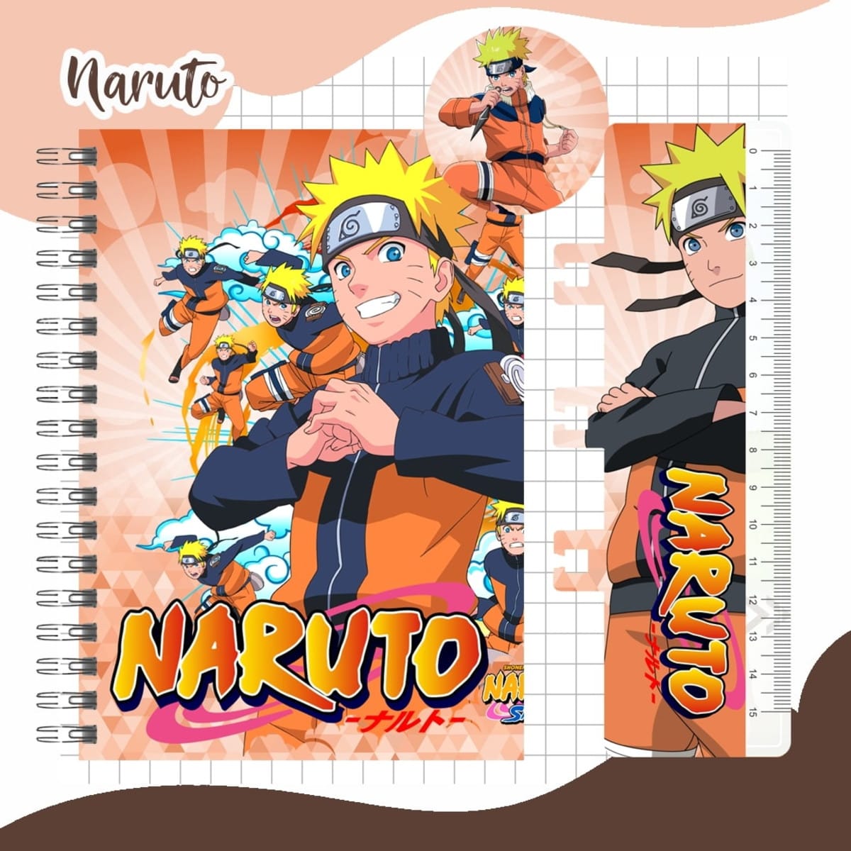 Arquivo Digital de Encadernação Escolar Naruto para Imprimir 4 Arte digital de caderno e régua com personagem de anime em poses dinâmicas.