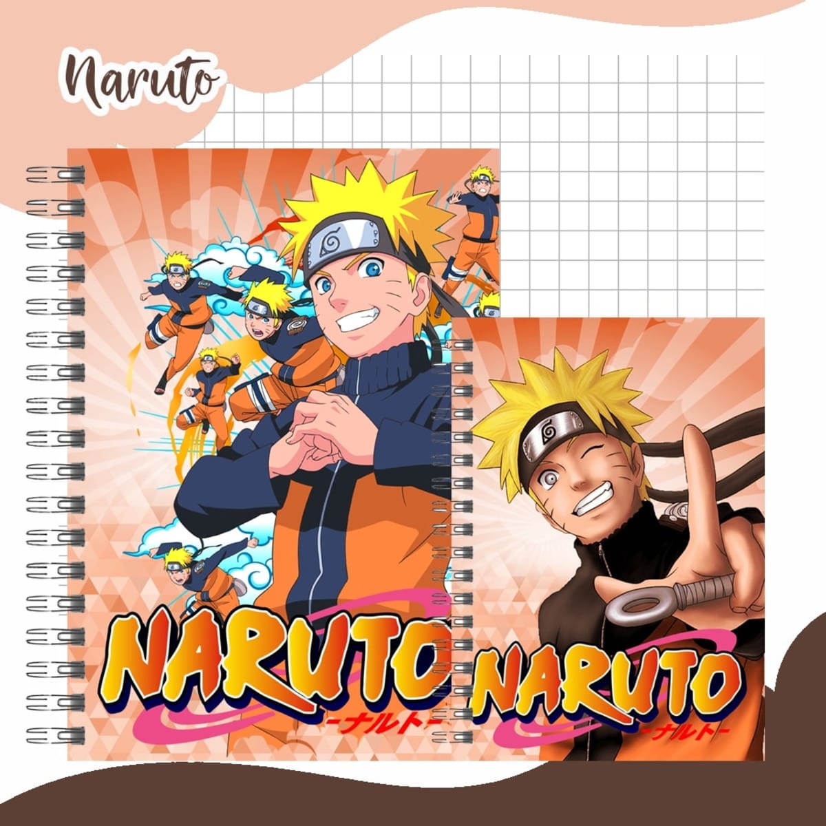Arquivo Digital de Encadernação Escolar Naruto para Imprimir 1 Arte digital de personagem anime com cabelo loiro e bandana, em capas de caderno laranja.