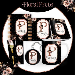 Kit Encadernação Floral Preto e Rosa Arquivo Digital 10 Arte digital com designs florais pretos para papelaria e caneca.