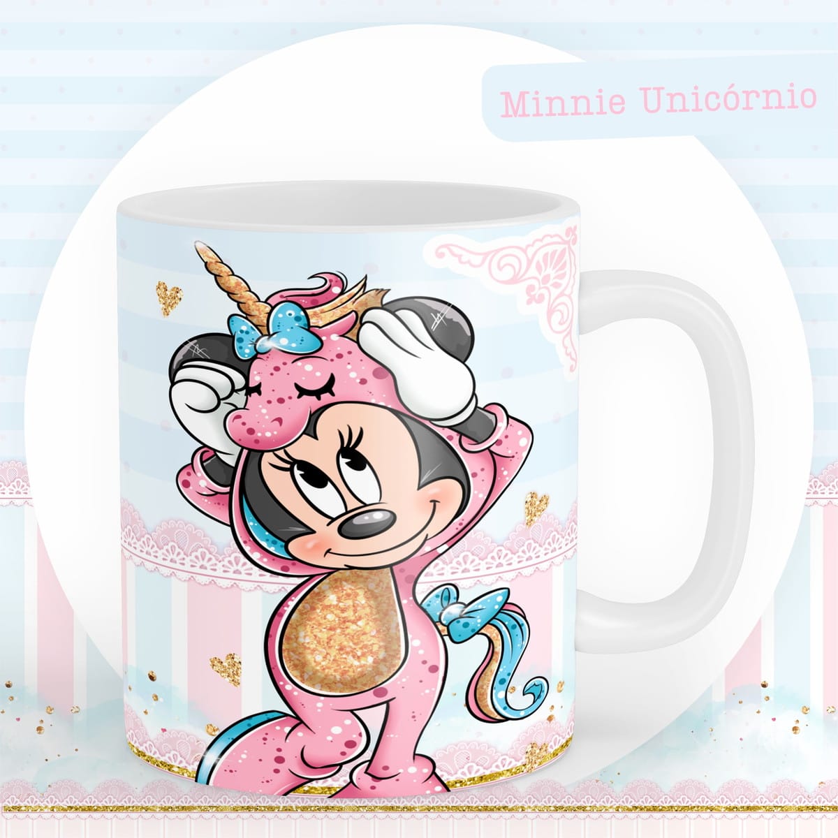 Kit Completo de Encadernação Infantil Minnie Unicórnio 2 Arte digital de caneca com personagem em fantasia de unicórnio rosa, texto "Minnie Unicórnio".