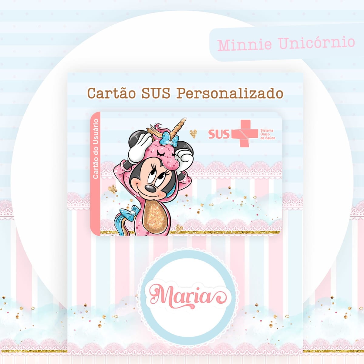 Kit Completo de Encadernação Infantil Minnie Unicórnio 3 Arte digital de cartão de saúde personalizado com personagem de desenho animado em fantasia de unicórnio.