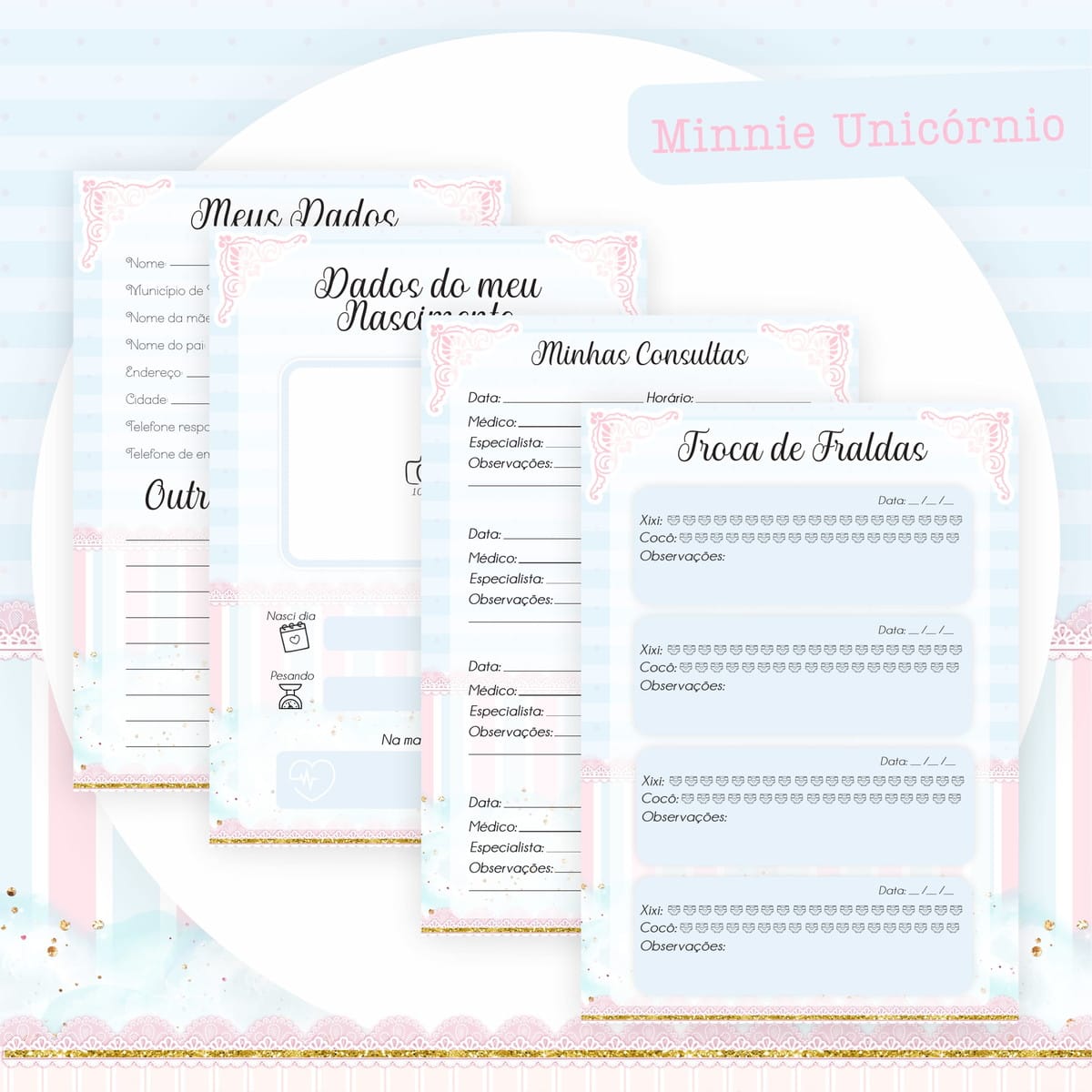 Kit Completo de Encadernação Infantil Minnie Unicórnio 4 Páginas digitais de um diário de bebê com campos para dados, consultas e rotina.