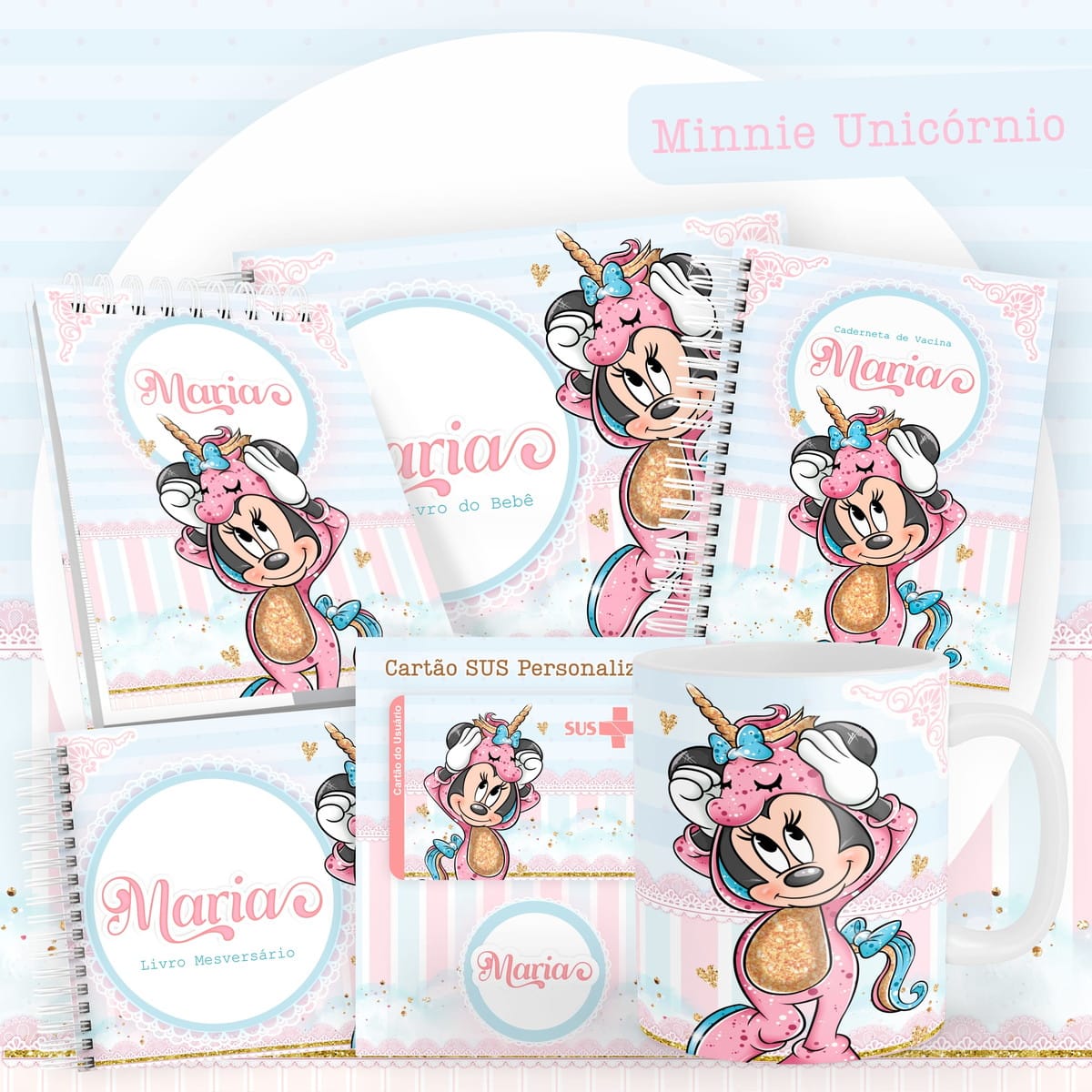 Kit Completo de Encadernação Infantil Minnie Unicórnio 1 Coleção de arte digital com tema de unicórnio, incluindo itens personalizados para bebê.