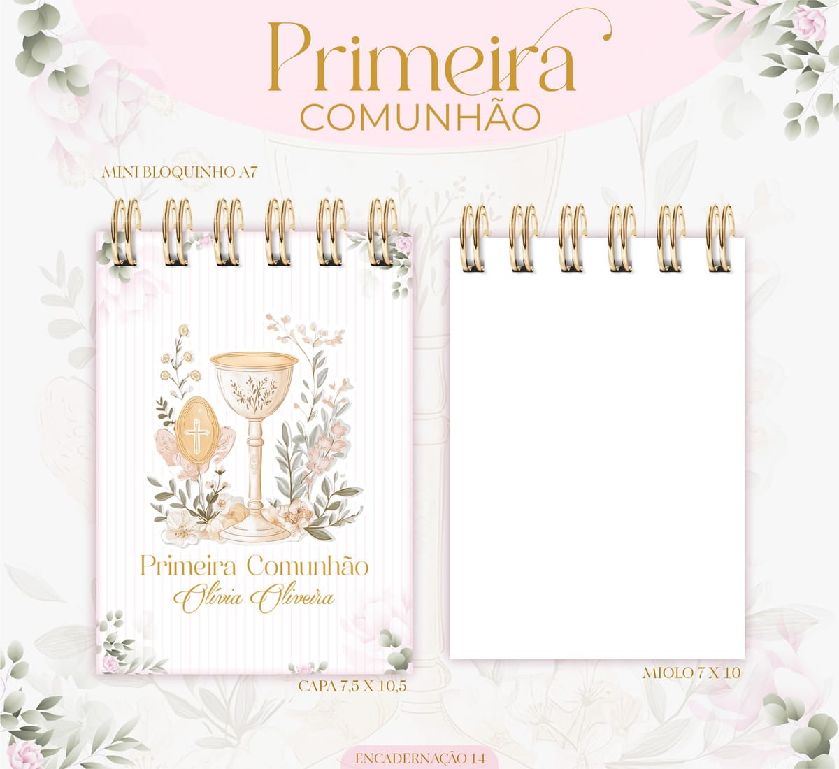 Encadernação Primeira Comunhão Menina Kit Digital Completo 3 Arte digital de mini bloquinho de Primeira Comunhão com cálice e flores
