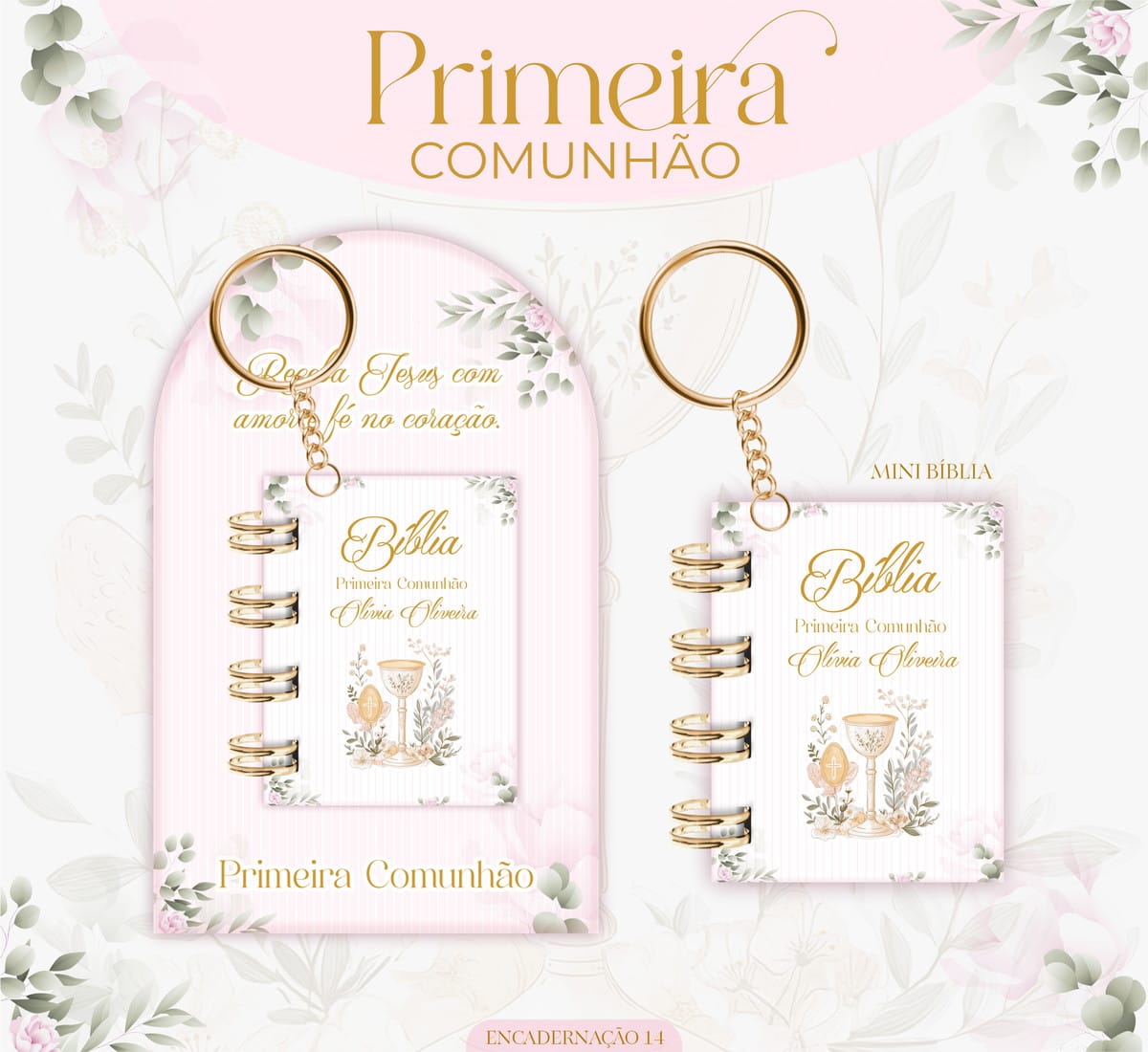 Encadernação Primeira Comunhão Menina Kit Digital Completo 5 Arte digital de chaveiro miniatura com tema religioso em tons pastéis e dourados