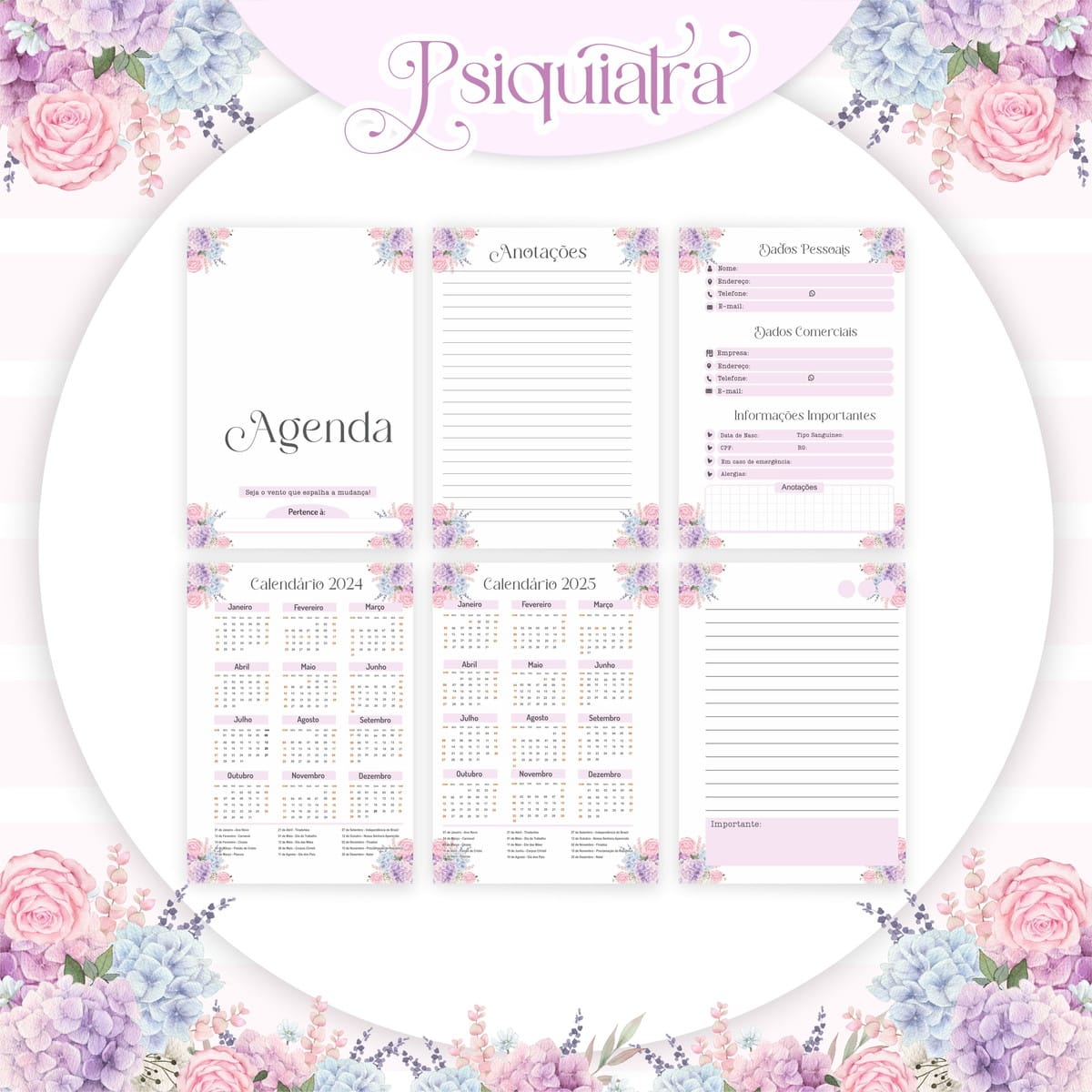 Arquivo Digital Agenda Psiquiatra Feminina 2024 2 Agenda digital com design floral, exibindo páginas de anotações e calendários 2024-2025.