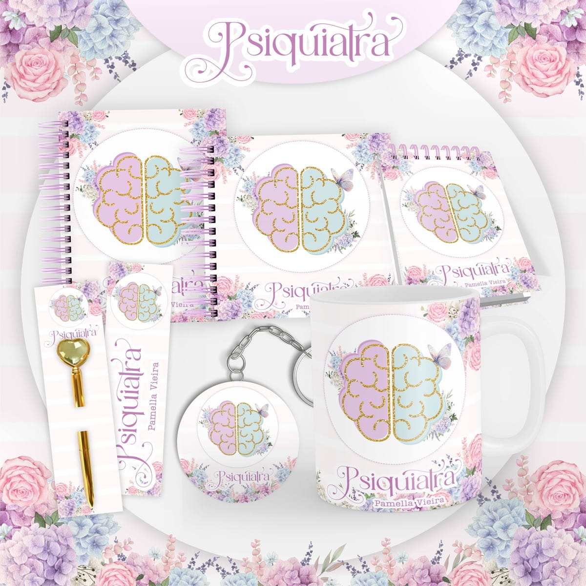 Arquivo Digital Agenda Psiquiatra Feminina 2024 1 Coleção de designs digitais para psiquiatras, incluindo caderno, caneca e chaveiro.