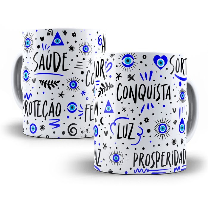 Estampa Caneca Boas Energias Amor Sorte Saúde Proteção Paz