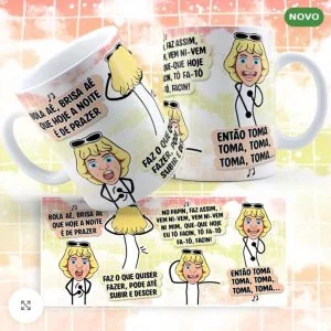 Duas canecas brancas estampadas com desenhos de mulher loira e textos em português.