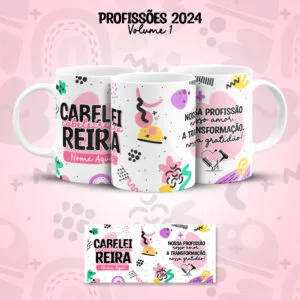 Duas canecas brancas com estampa colorida e textos sobre profissões exibidas sobre fundo rosa