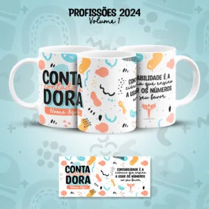 Estampa Caneca Contador(a) Contabilidade Profissões Colorida 7 Duas canecas brancas com estampa colorida sobre fundo azul claro.