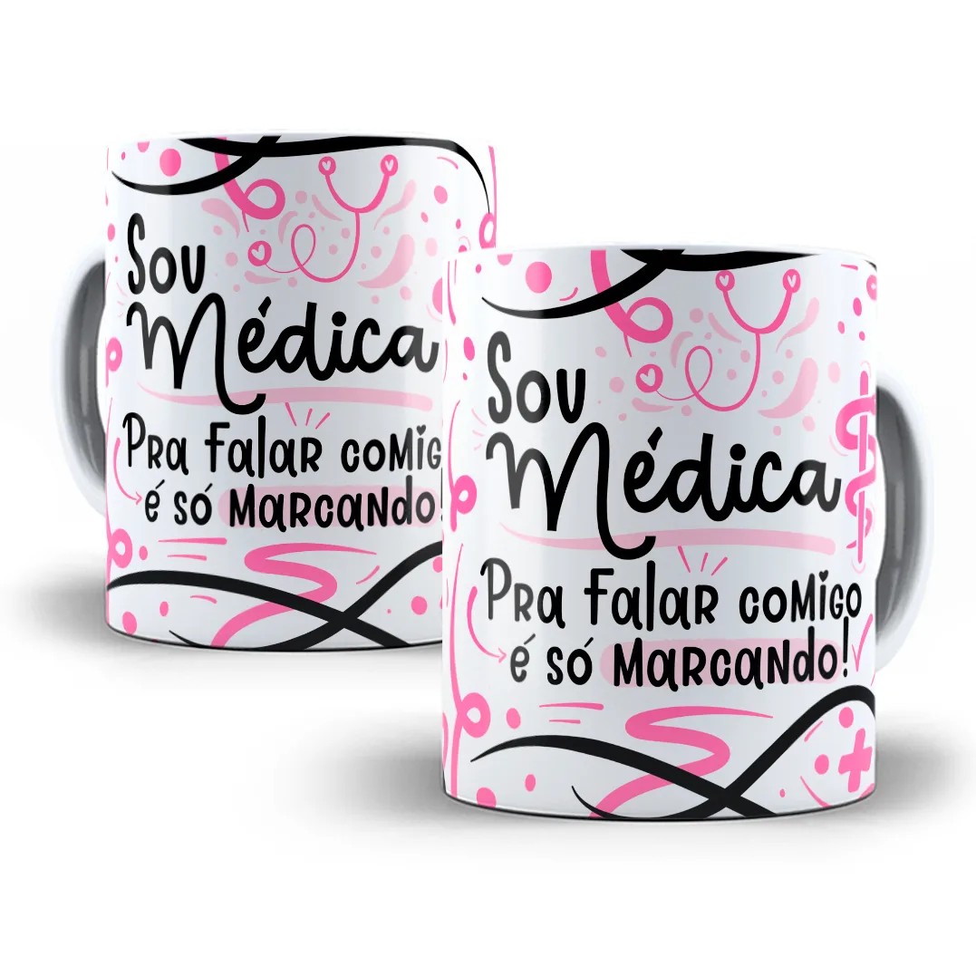 Estampa Caneca Médico(a) Flork Profissões Sublimação Png 4 Canecas brancas com estampa de desenhos médicos em tons de rosa e preto.