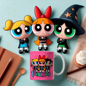 Arte digital de três personagens femininas e uma caneca com design temático.