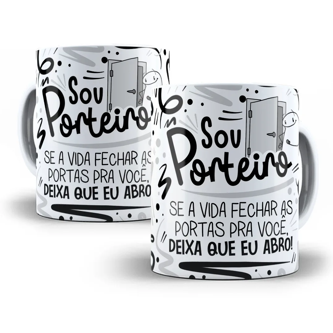 Duas canecas brancas com ilustração em preto e texto sobre ser porteiro.