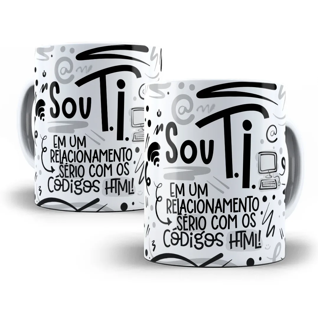 Duas canecas brancas com estampa preta sobre tecnologia e programação em fundo branco.