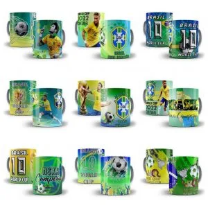 Estampas Caneca Da Copa 2022 Sublimação Corel E Photoshop 10 Coleção de canecas personalizadas com estampas temáticas de futebol e jogadores brasileiros.